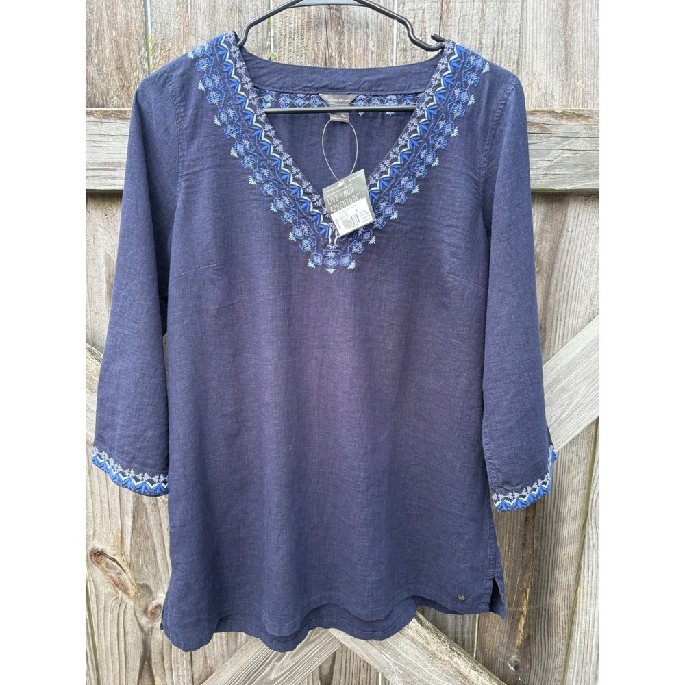 Eddie Bauer Womens Navy Blue Embroidered Linen Blend Tunic Top PM 0466 NEW